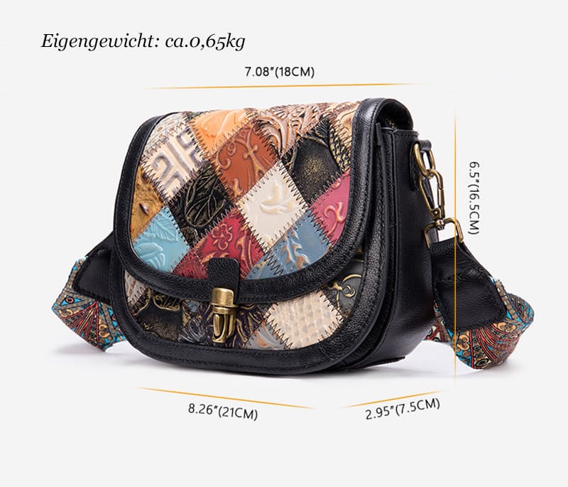 kleine bunte Umhängetasche Damen Patchwork Leder mit breitem Gurt