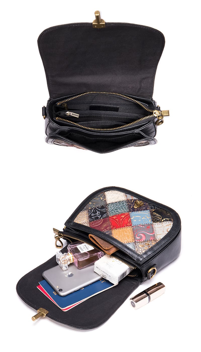 kleine bunte Umhängetasche Damen Patchwork Leder mit breitem Gurt