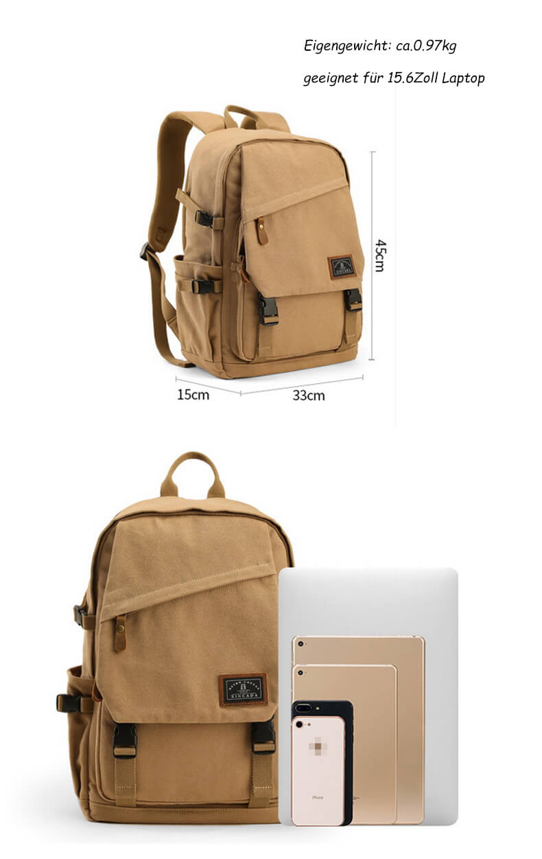 Retro Rucksack Herren Reiserucksack aus Canvas mit Laptopfach für Uni