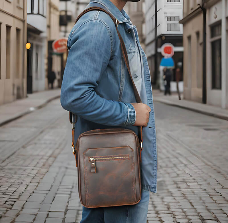 kleine Umhängetasche Leder Herren Vintage Hochformat für Alltag