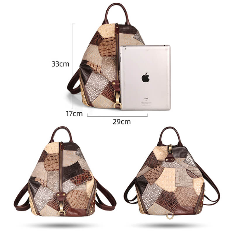 Damen Patchwork Rucksack Leder bunt Vintage Lederrucksack Frauen Alltag