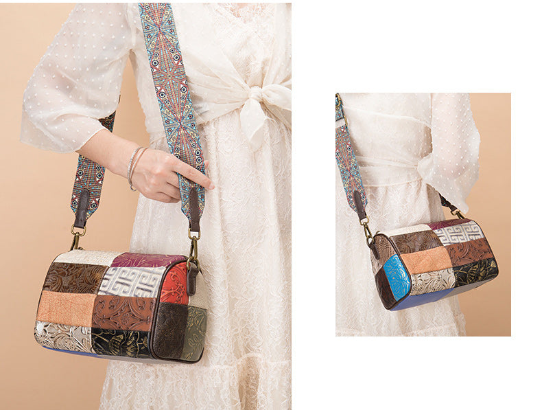 Retro Umhängetasche Damen Leder bunt mit breitem Band Ledertasche Patchwork