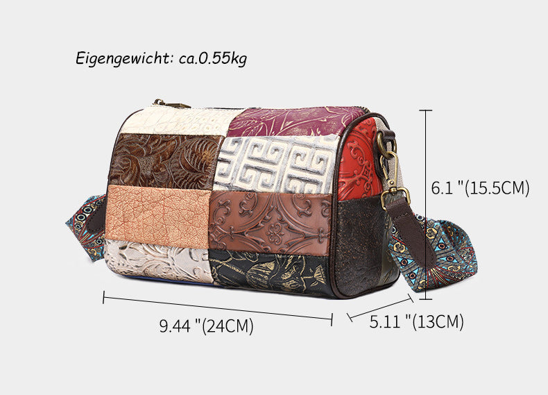 Retro Umhängetasche Damen Leder bunt mit breitem Band Ledertasche Patchwork