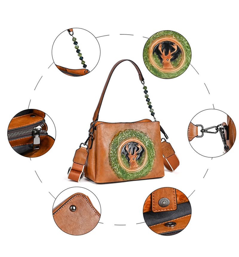 elegante Umhängetasche Damen Schultertasche Hirsch mit Beads Charm