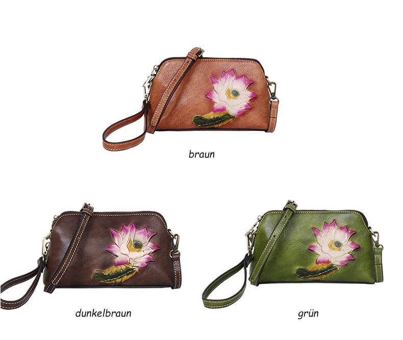 Vintage kleine Umhängetasche Damen aus Leder mit Lotusblume und Handgelenkschlaufe Handgelenktaschen