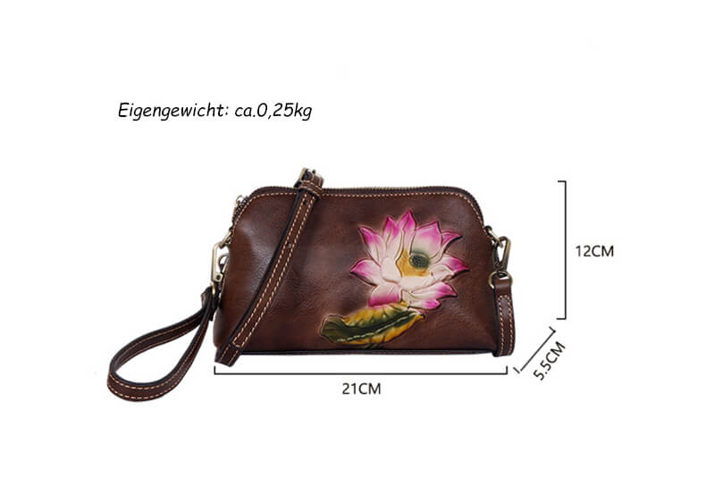 Vintage kleine Umhängetasche Damen aus Leder mit Lotusblume und Handgelenkschlaufe Handgelenktaschen