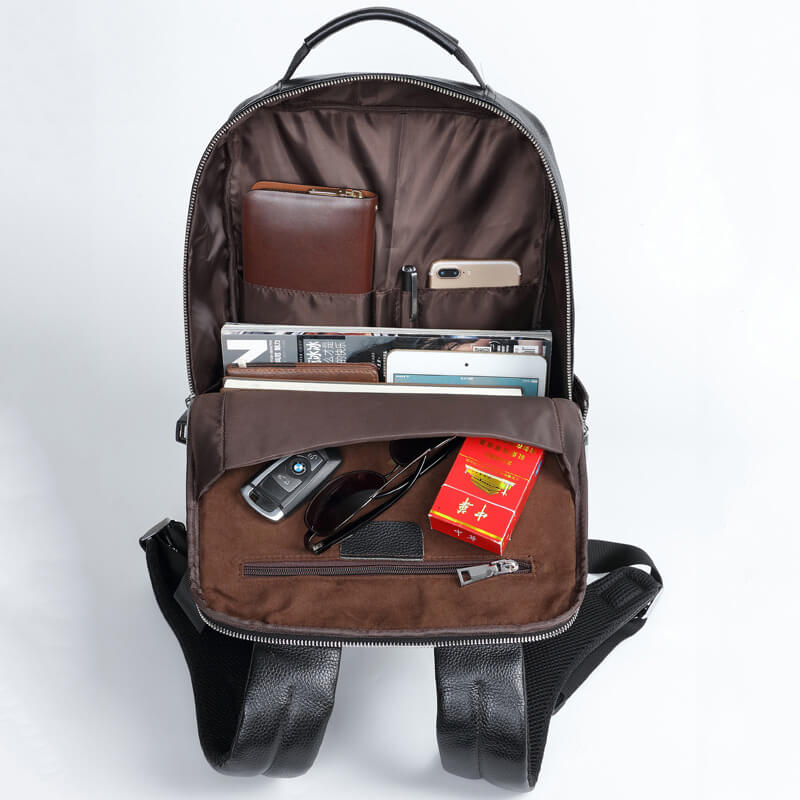 Schwarz Rucksack Herren Leder mit Laptopfach Reißverschlussfach für Reisen