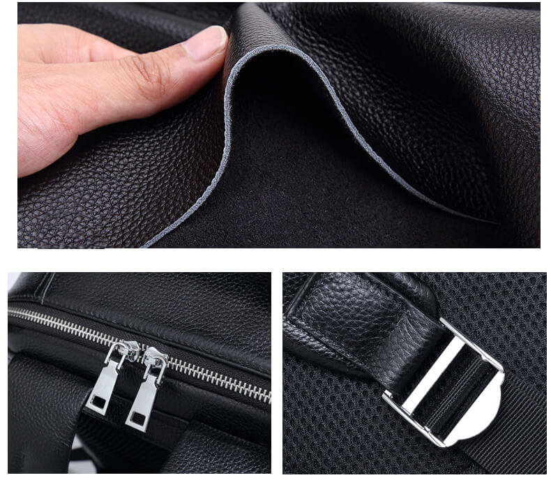 Schwarz Rucksack Herren Leder mit Laptopfach Reißverschlussfach für Reisen