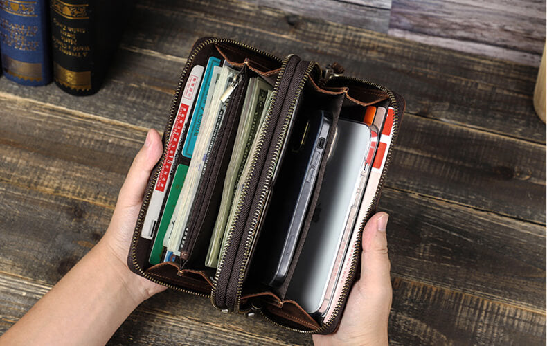 Vintage Geldbörse Herren Portemonnaie Leder lang mit Münzfach Clutch mit Handgelenkgurt