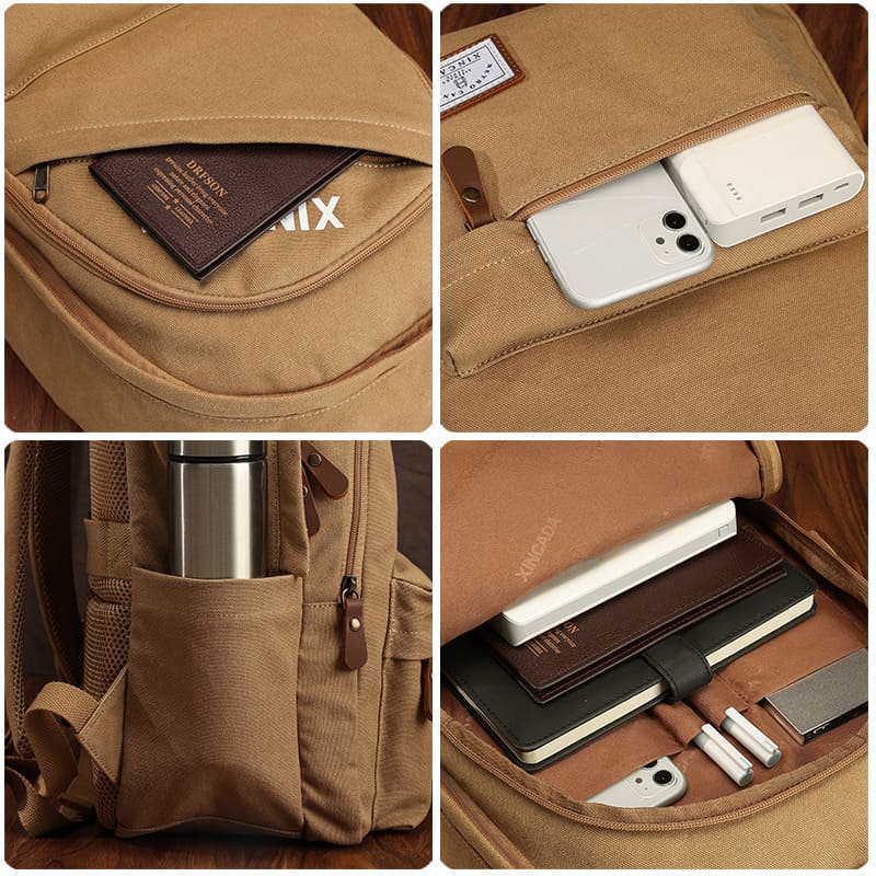 Vintage Rucksack Canvas Herren Laptoptasche für Schule und Uni schwarz und braun