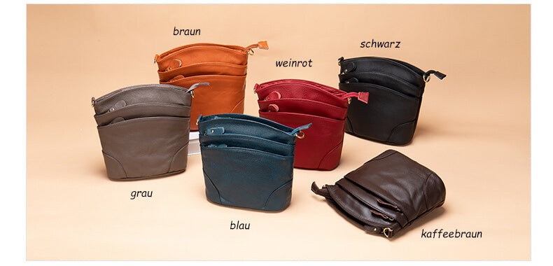 Vintage Umhängetasche Damen Leder mit viele Reißverschlussfächer Bucket Bag