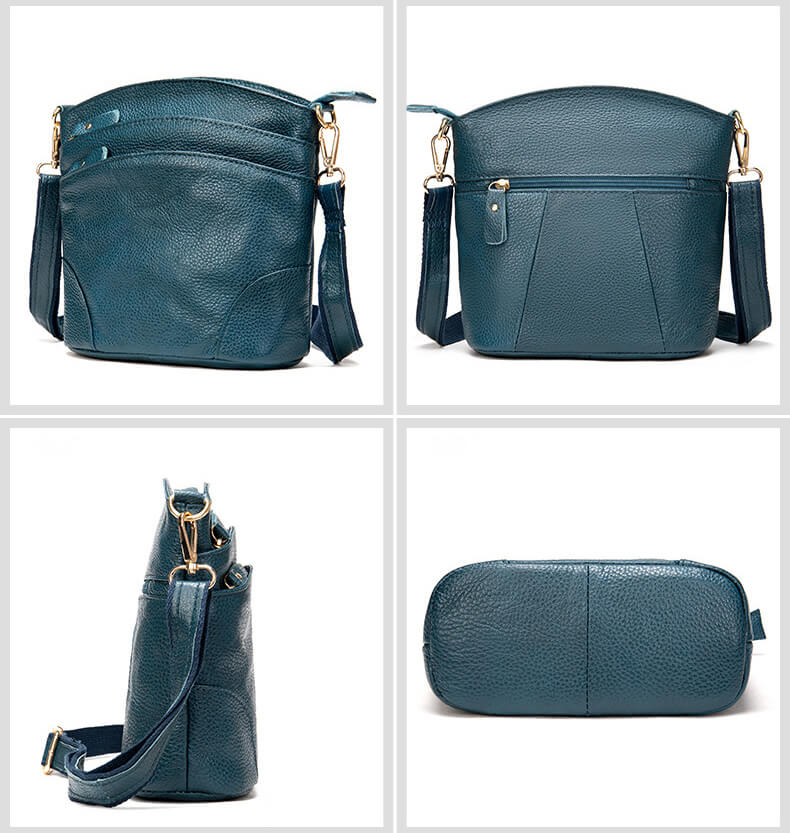 Vintage Umhängetasche Damen Leder mit viele Reißverschlussfächer Bucket Bag