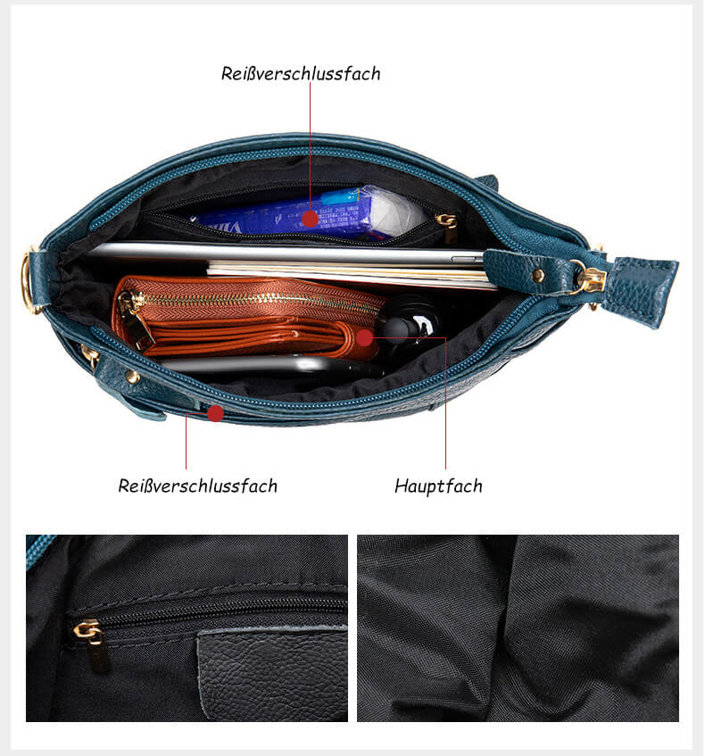 Vintage Umhängetasche Damen Leder mit viele Reißverschlussfächer Bucket Bag