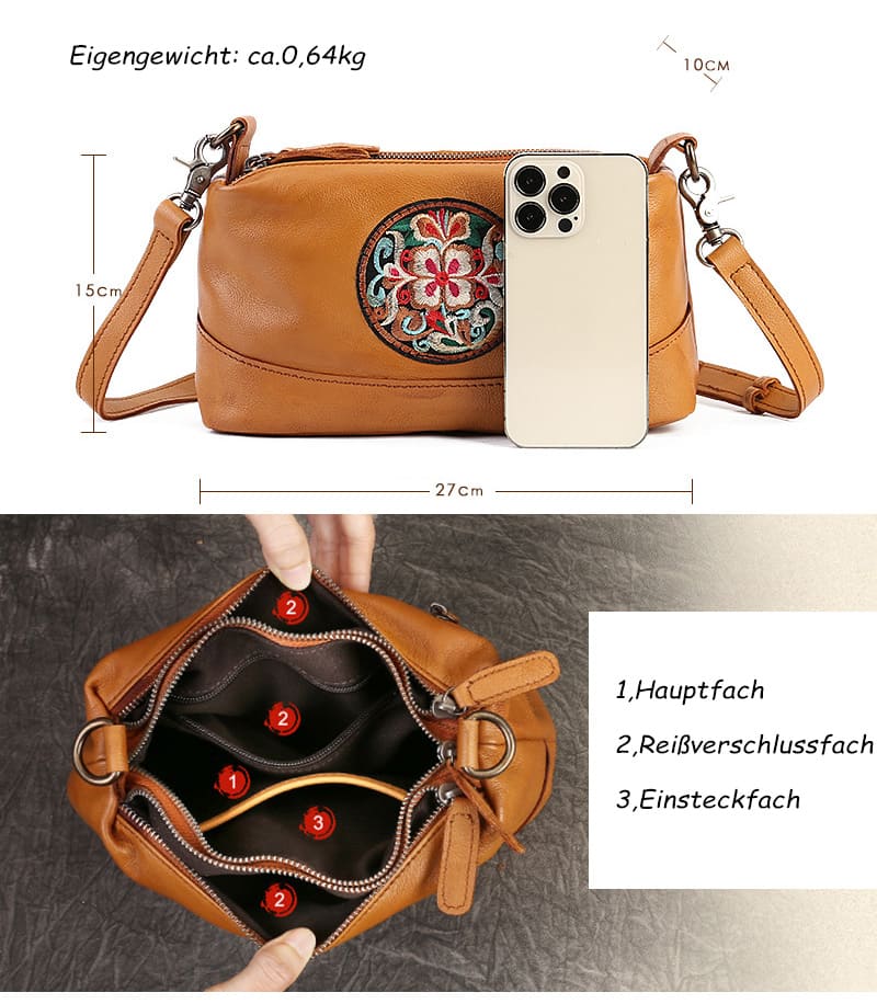 Vintage Umhängetasche Damen aus Leder mit Stickerei Schultertasche