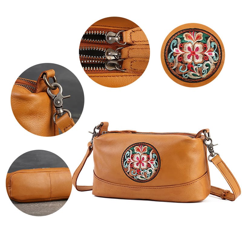 Vintage Umhängetasche Damen aus Leder mit Stickerei Schultertasche