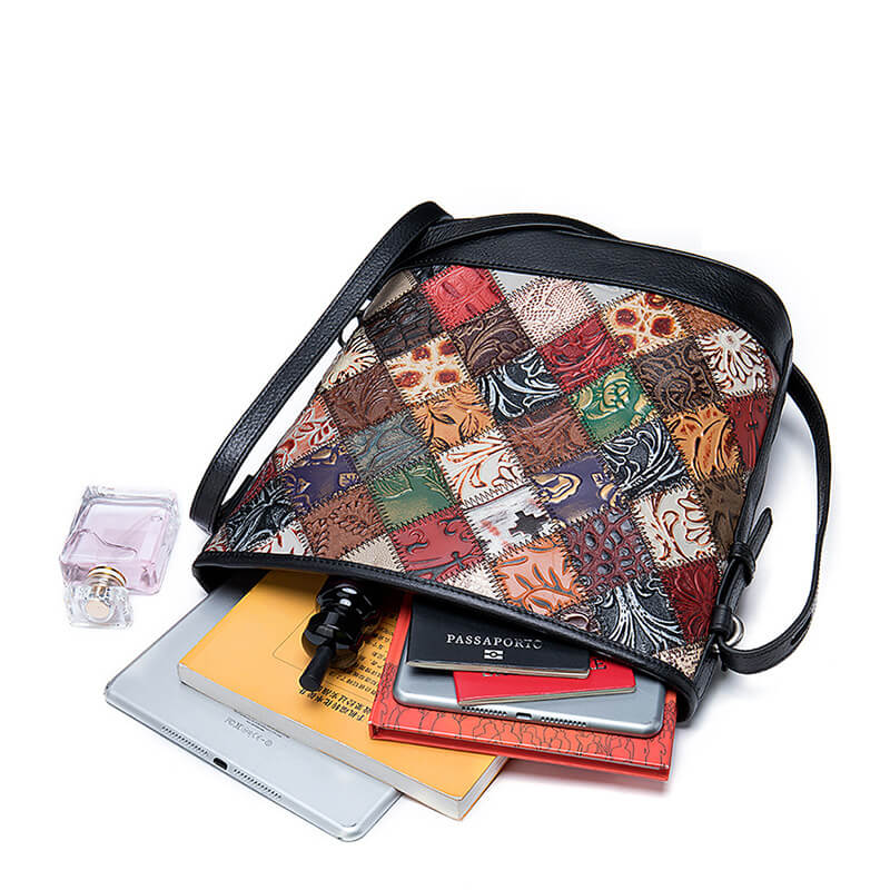 Vintage bunte Umhängetasche Damen Patchwork Leder mit Reißverschluss