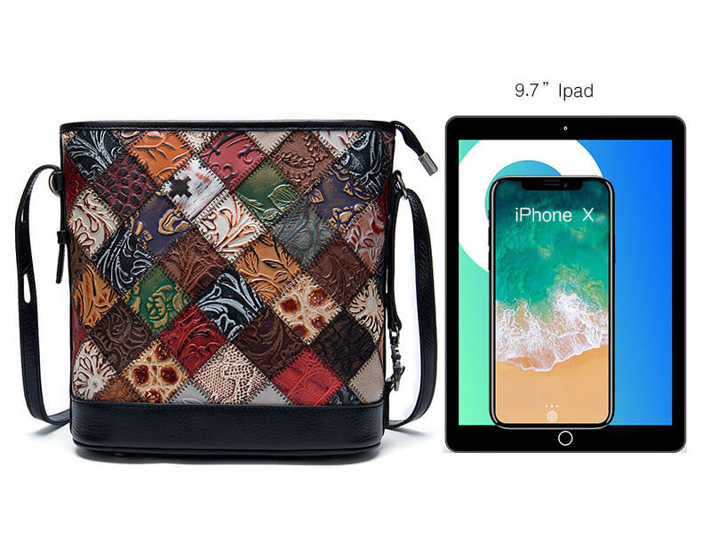 Vintage bunte Umhängetasche Damen Patchwork Leder mit Reißverschluss