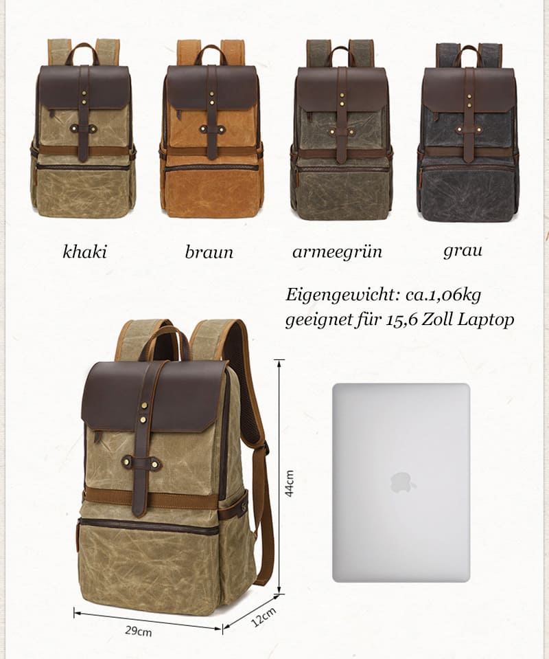 Vintage wasserdichter Rucksack Herren gewachstes Canvas für Uni und Reisen mit Laptopfach