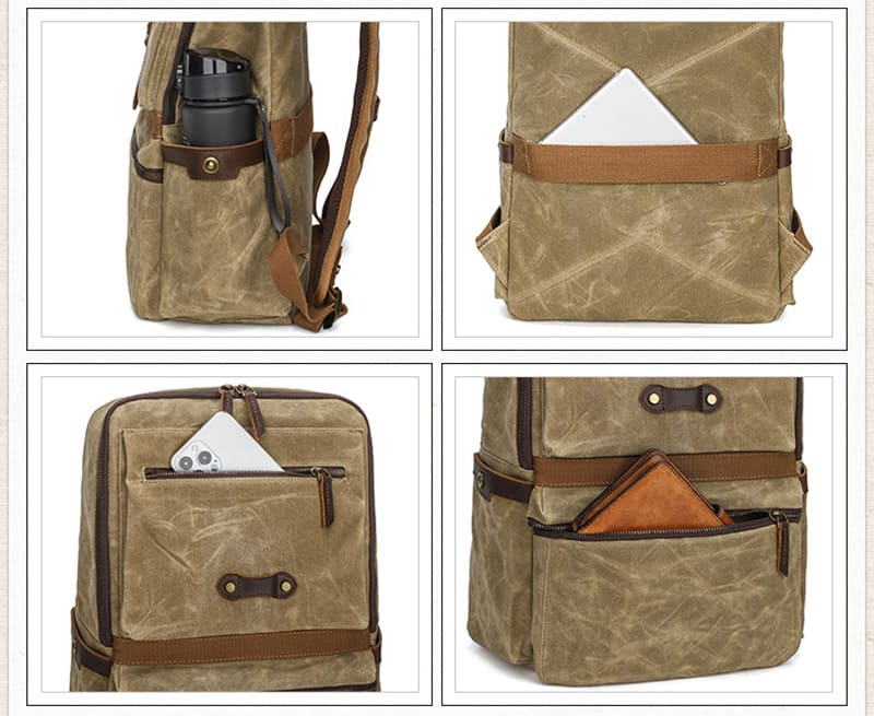 Vintage wasserdichter Rucksack Herren gewachstes Canvas für Uni und Reisen mit Laptopfach