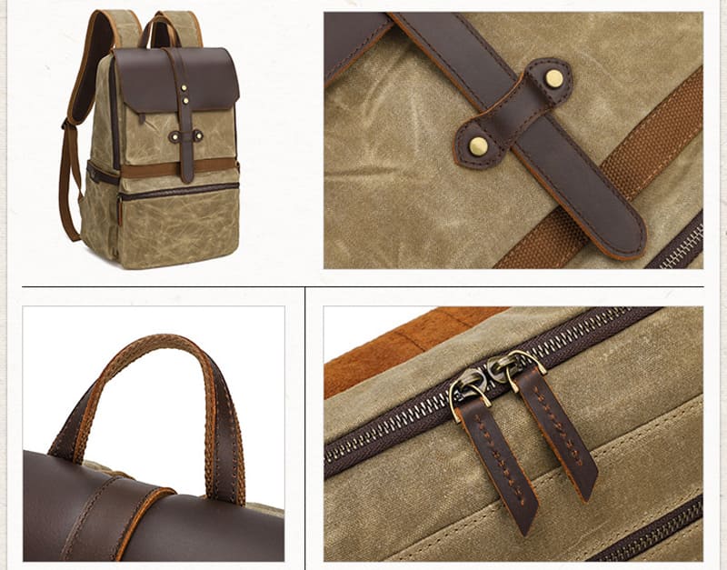 Vintage wasserdichter Rucksack Herren gewachstes Canvas für Uni und Reisen mit Laptopfach