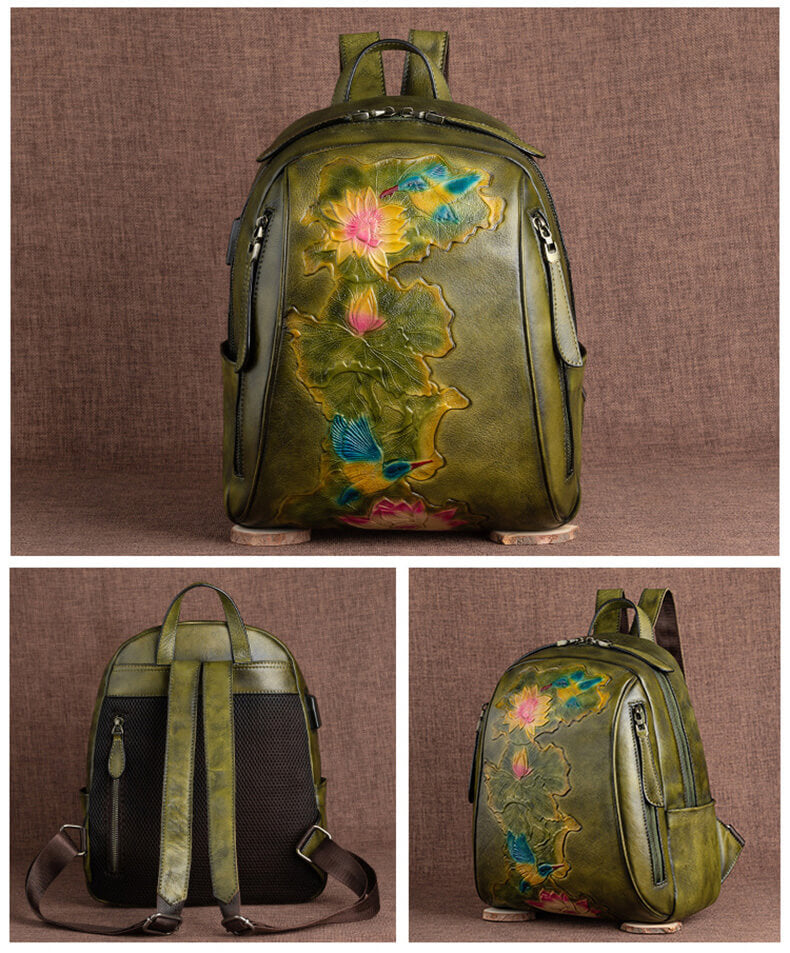 individuell Vintage Damen Rucksack Leder mit Lotusblume