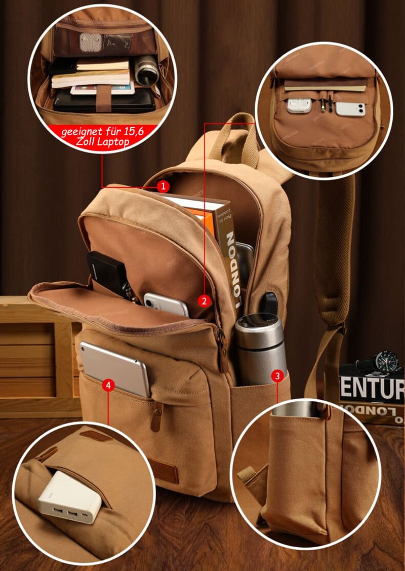 Retro Herren Rucksack Canvas Backpack mit Laptopfach für Reisen und Uni