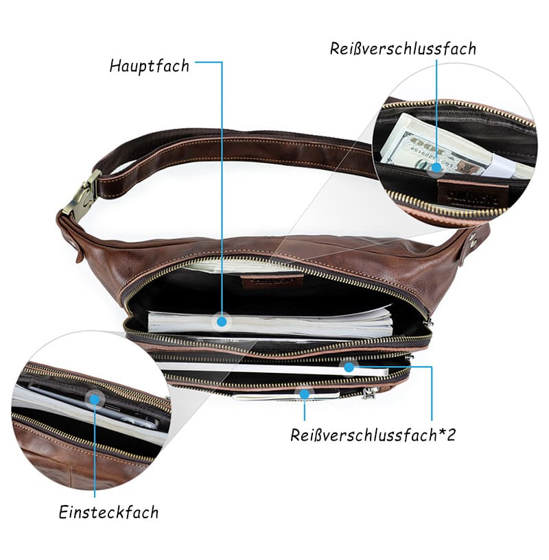 braune Hüfttasche Herren Bauchtasche Brusttasche aus Leder für Reisen