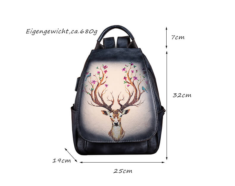 Vintage Damen Rucksack retro aus Leder für Alltag mit Hirsch