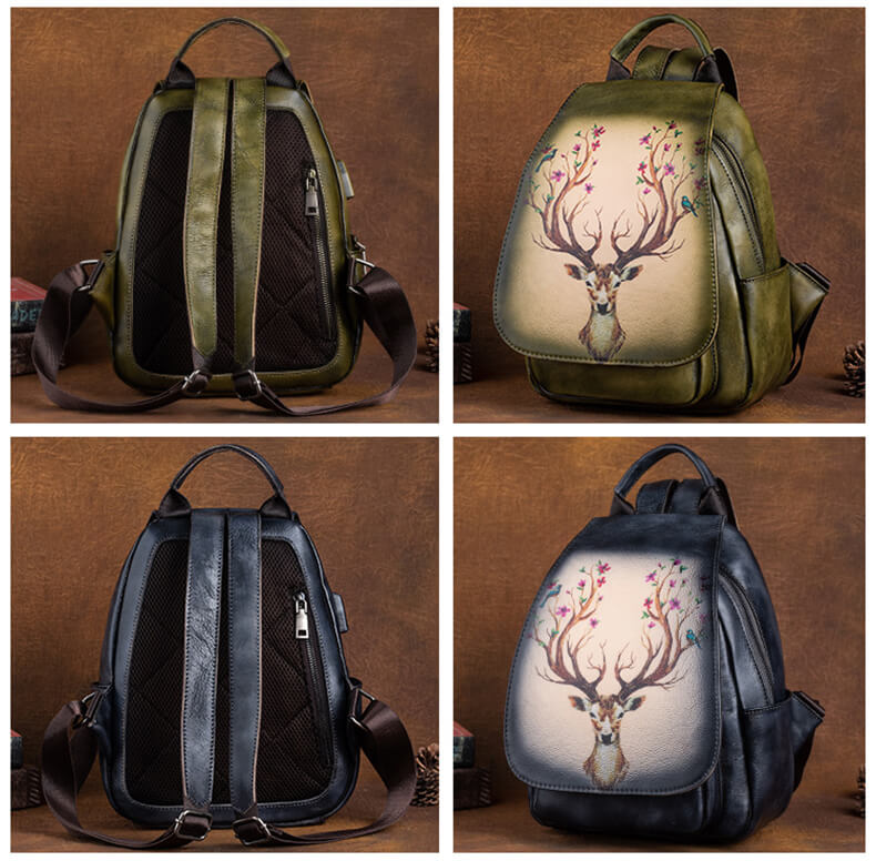 Vintage Damen Rucksack retro aus Leder für Alltag mit Hirsch