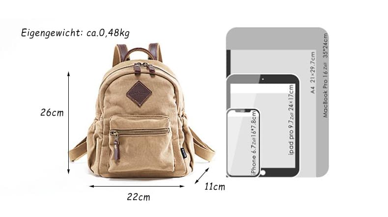 Damen Rucksack Canvas klein Backpack Segeltuch Khaki für Alltag