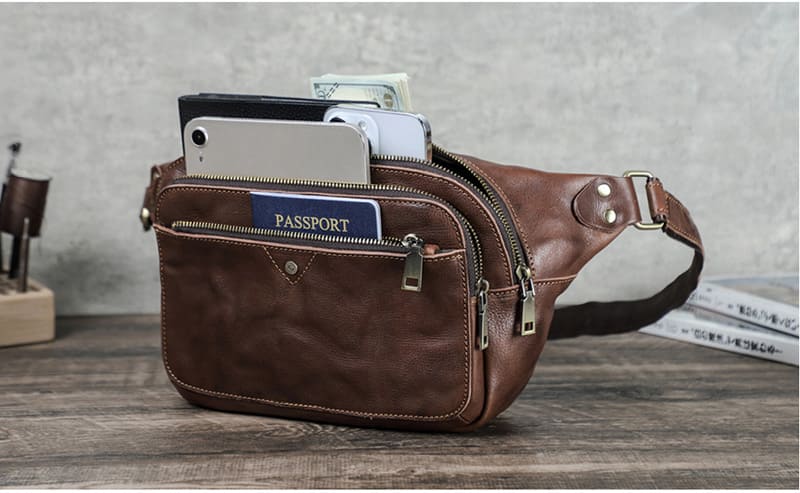 braune Hüfttasche Herren Bauchtasche Brusttasche aus Leder für Reisen