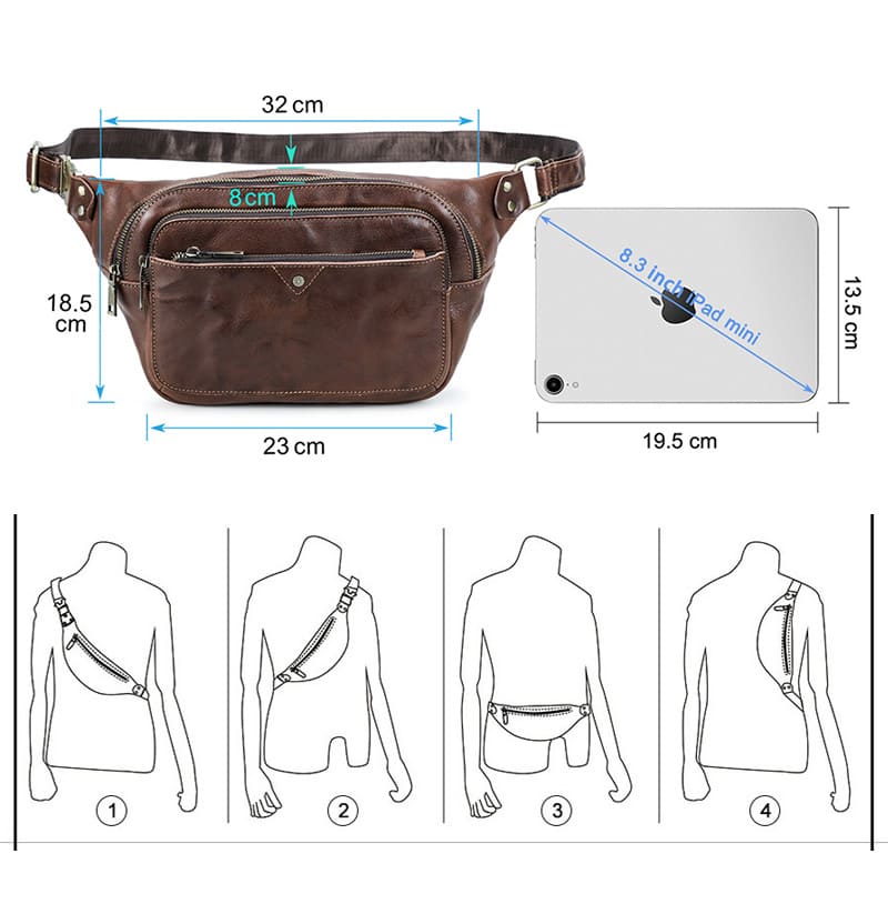braune Hüfttasche Herren Bauchtasche Brusttasche aus Leder für Reisen