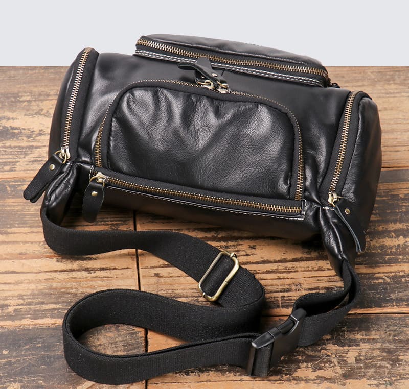 schwarz Brusttasche Herren Leder Umhängetasche mit vielen Fächern