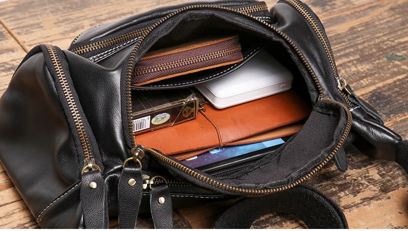 schwarz Brusttasche Herren Leder Umhängetasche mit vielen Fächern