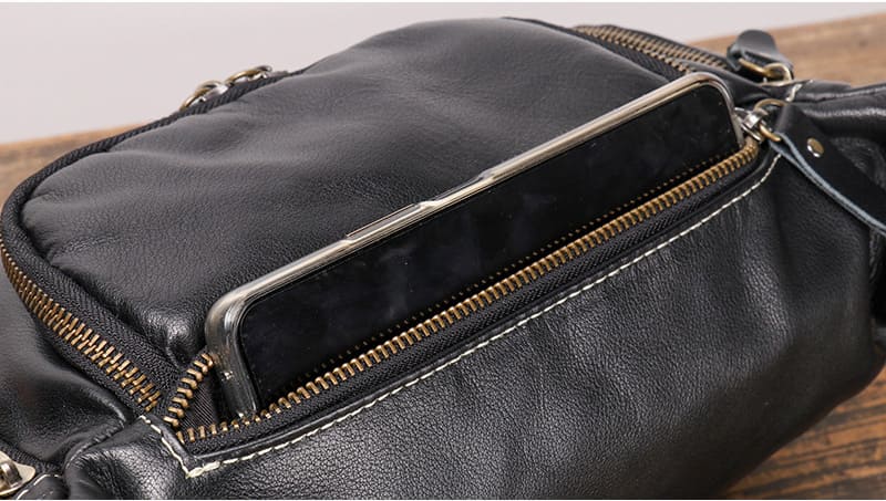 schwarz Brusttasche Herren Leder Umhängetasche mit vielen Fächern
