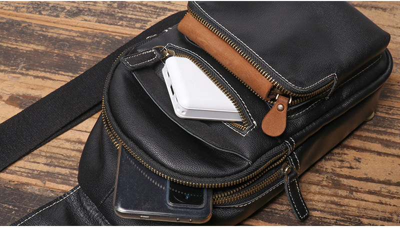 schwarze Leder Brusttasche Herren Umhängetasche Männer Brustbeutel