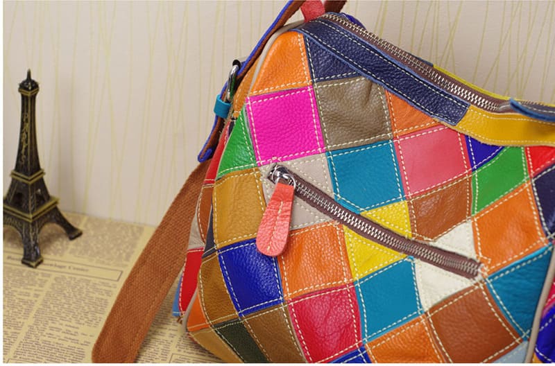 bunte Handtasche Damen Leder Umhängetasche kariert Schultertasche schwarz weiß Patchwork Ledertasche