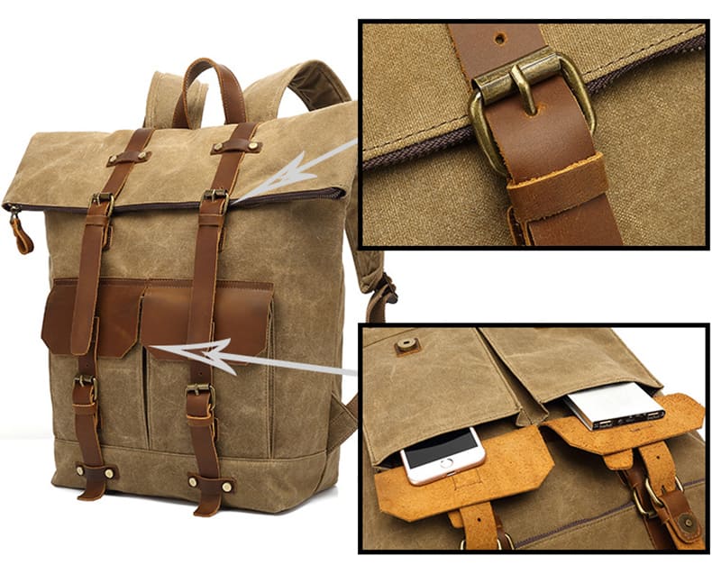 Canvas Rucksack Herren Reiserucksack Rolltop Backpack mit Laptopfach