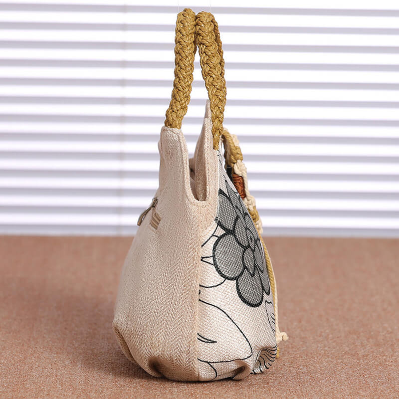 Damen Handtasche Canvas weiß mit Blumen für Freizeit