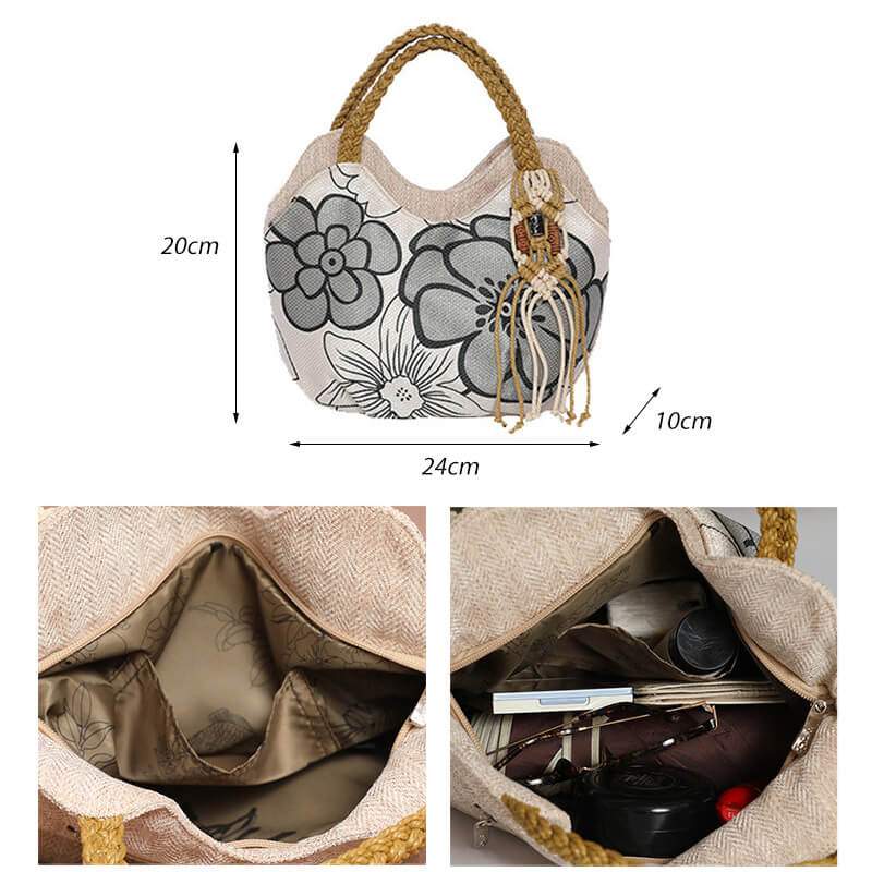 Damen Handtasche Canvas weiß mit Blumen für Freizeit