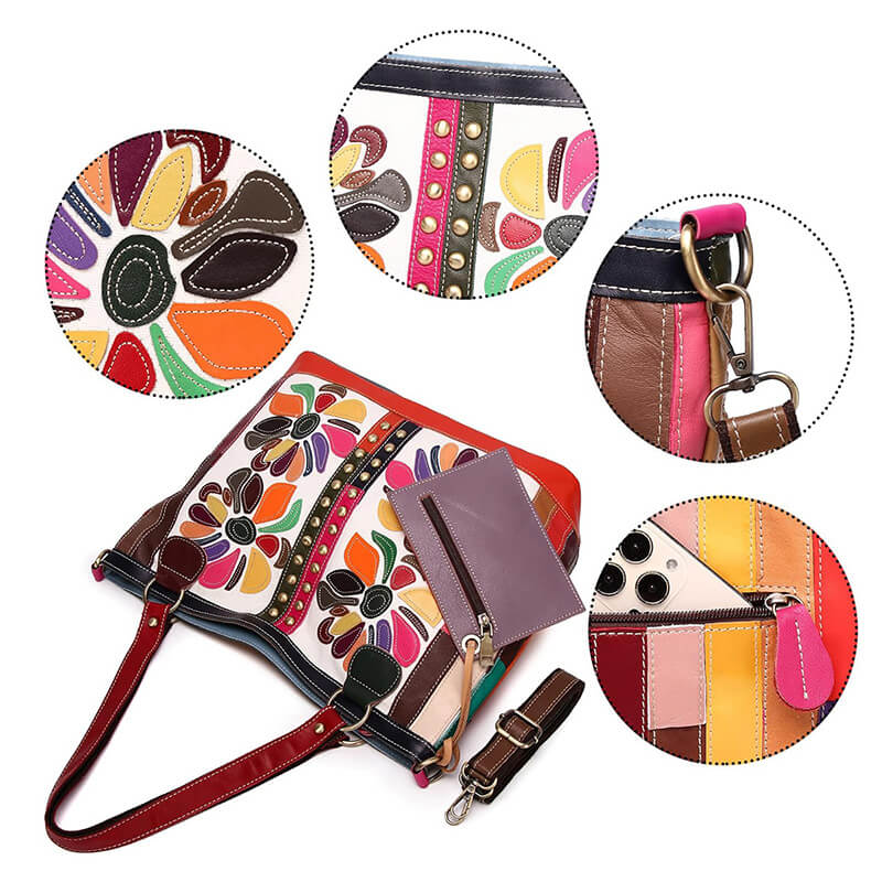 Damen Handtasche Leder bunt Schultertasche mit Blumen und Nieten