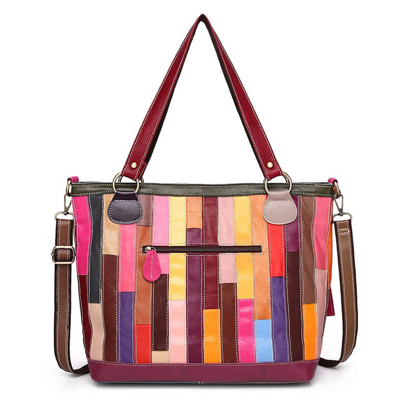 Damen Handtasche Leder bunt Schultertasche mit Blumen und Nieten