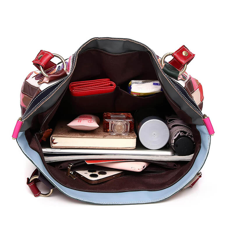 Damen Handtasche Leder bunt Schultertasche mit Blumen und Nieten