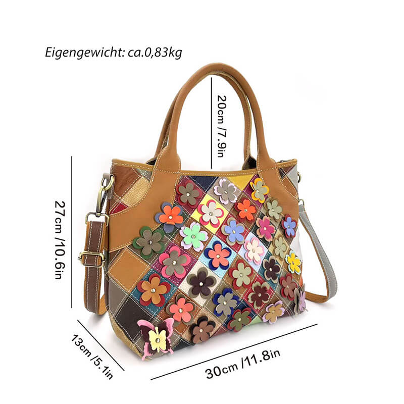 Damen Handtasche Leder Patchwork bunt Umhängetasche mit Blumen