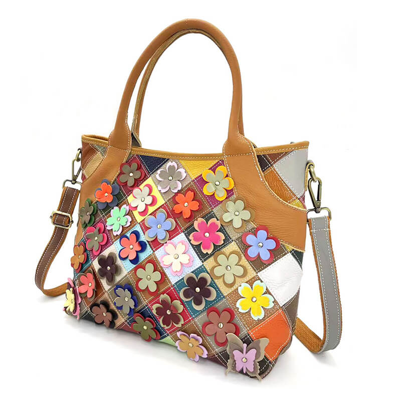Damen Handtasche Leder Patchwork bunt Umhängetasche mit Blumen