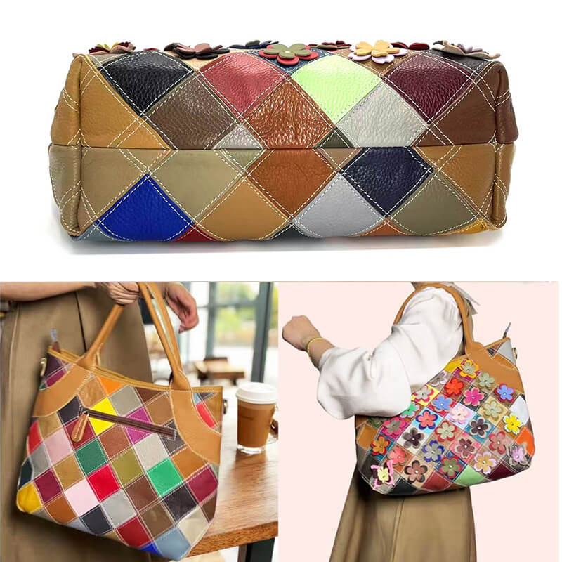 Damen Handtasche Leder Patchwork bunt Umhängetasche mit Blumen