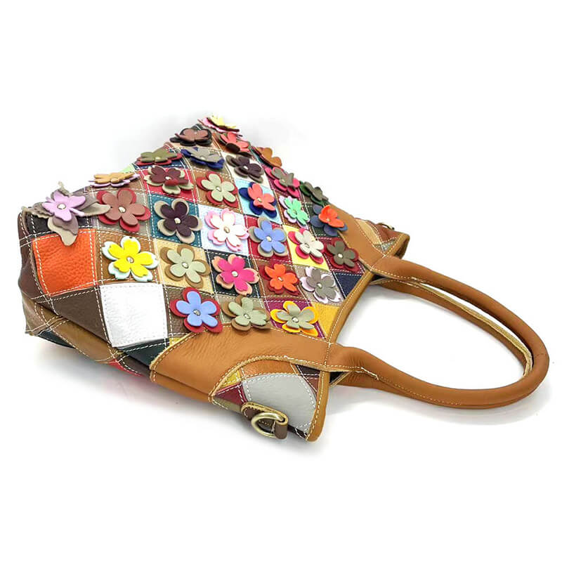 Damen Handtasche Leder Patchwork bunt Umhängetasche mit Blumen