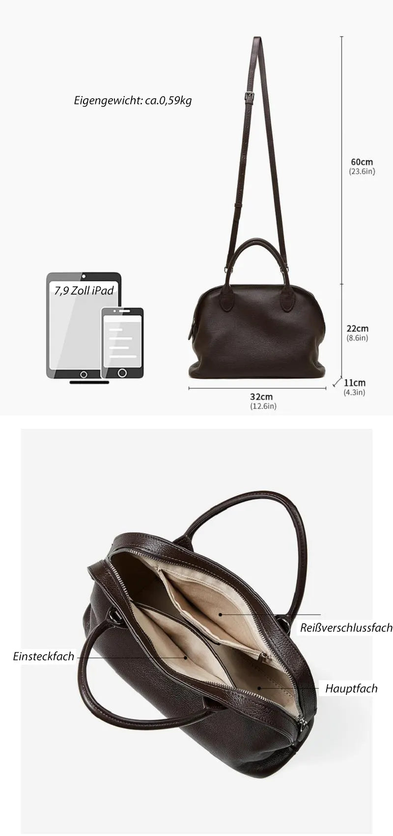 Damen Handtasche Leder schlicht Umhängetasche Vintage in 3 Farben