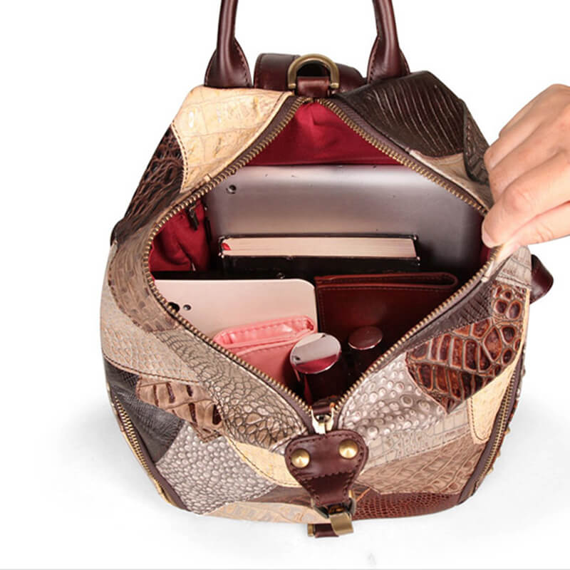 Damen Patchwork Rucksack Leder bunt Vintage Lederrucksack Frauen Alltag