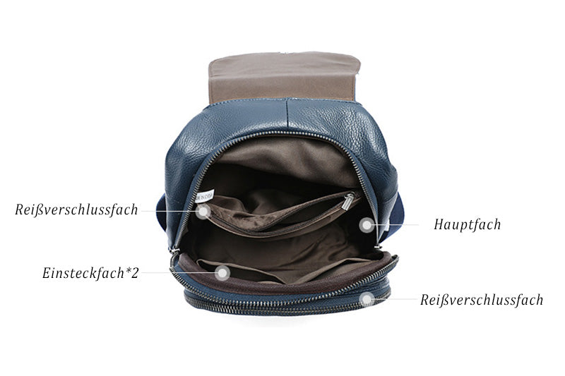Damen Rucksack Leder schlicht für Alltag mit vielen Reißverschlussfächern